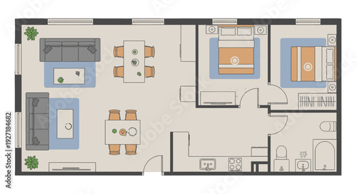 Modern apartment floor plan with living room and kitchen.