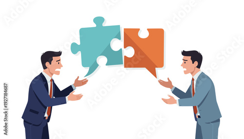 Two Businessmen in Suits Having a Disagreement with Mismatched Jigsaw Puzzle Speech Bubbles Symbolizing Failed Communication, Misunderstanding, Conflict, and Unsuccessful Messaging in the Office