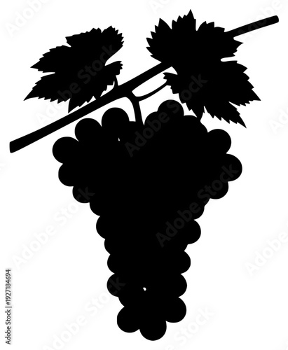 Canvas Print A black and white silhouette of a bunch of grapes with leaves, black, branch, gr