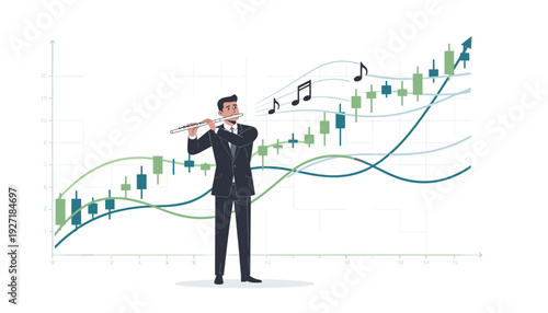 Businessman playing flute to control financial growth on stock market graph. Concept of strategic investment, market harmony, and successful trading with candlestick charts and line graphs.