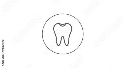 A gray line art illustration of a tooth inside a circle against a white background