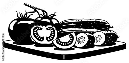  black and white illustration of various vegetables on a cutting board, black, board, cut, cutting board, illustration, pepper, platter, slice, tomato, vegetable, white, against transparent background