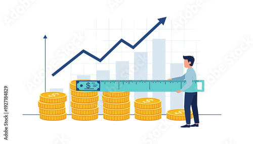 Business Man Measuring Revenue Growth and Income with a Ruler Against a Rising Financial Graph and Bar Chart, Concept of Profit Success, Investment Analysis, and Economic Progress Illustration