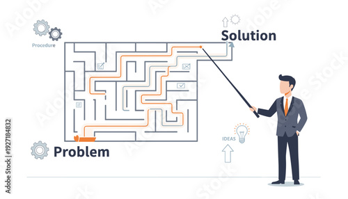 Businessman in Suit Pointing at a Labyrinth Maze Leading from Problem to Solution, Concept of Business Strategy, Overcoming Obstacles, Finding the Right Path, and Procedure for Corporate Success.