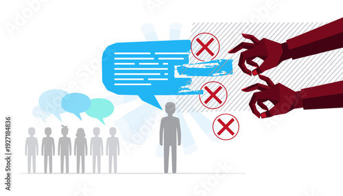 Conceptual Illustration of Censorship and Freedom of Speech Showing Red Hands Suppressing a Person's Opinion and Deleting Messages with Red Cross Symbols Representing Silencing of Truthful Voice