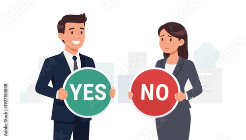 Professional businessman and businesswoman holding yes and no signs. Smiling man with green yes circle and sad woman with red no circle. Concept of decision making, agreement, and disagreement.