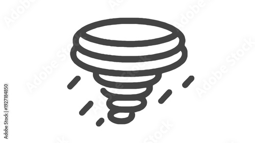 Simplified graphic of a spiraling storm, represented with thick lines and stylized rain