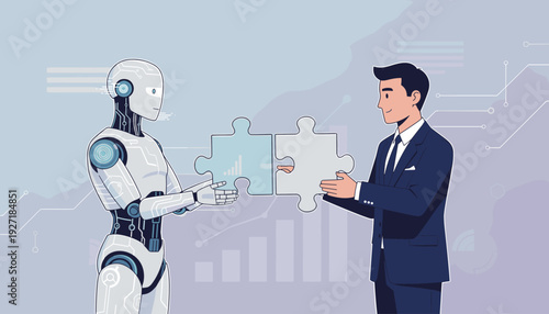 Businessman and advanced robot connecting two jigsaw puzzle pieces representing the successful cooperation and synergy between human intelligence and artificial intelligence in modern business.
