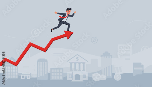 Stressed Businessman Running on a Rising Red Arrow Graph Representing Financial Risk Management and Economic Uncertainty During Market Volatility with City Skyline and Bank Buildings Background