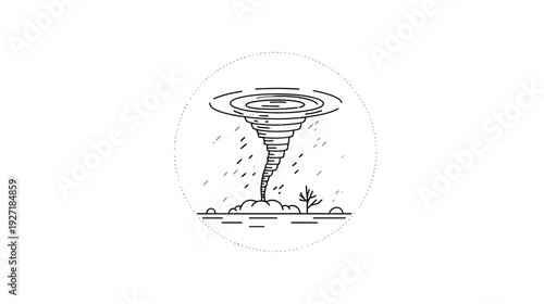 A detailed black and white illustration of a tornado in a dotted circle