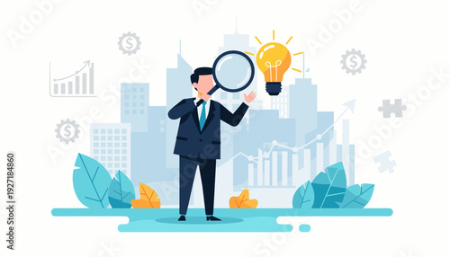 Businessman holding magnifying glass looking at glowing light bulb for business opportunity, innovation, and success concept with cityscape, financial charts, and gears in background vector art