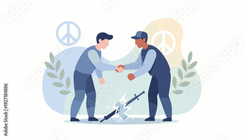 Stop Conflict and Stop Fighting Concept Vector Illustration with Two Men Shaking Hands Over a Broken Sword, Peace Symbols, and Olive Branches Representing Reconciliation, Diplomacy, and Peace.
