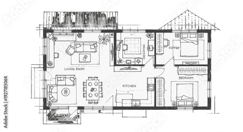 Detailed black and white architectural floor plan of a modern house.