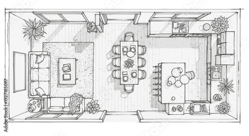 Detailed architectural sketch of a modern open-plan living space with dining area and kitchen.