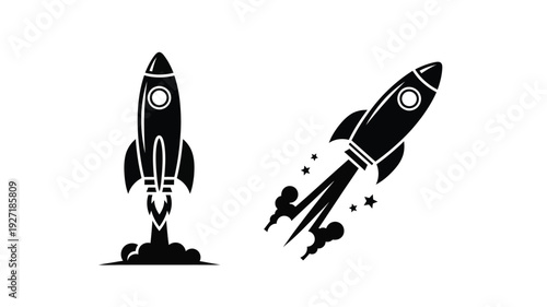 Two rocket ships in flight a bold black silhouette