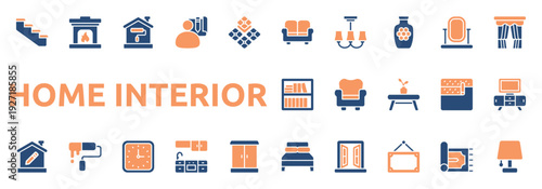 Home Interior icon set two color style with sofa, ceiling lamp, vase, mirror, curtain, bookshelf, chair, table, wallpaper, tv table, bed icons