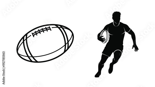Rugby player running with ball in dynamic black silhouette