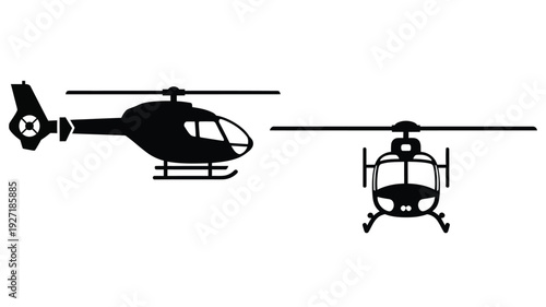 Two views of a helicopter side and front in black silhouette