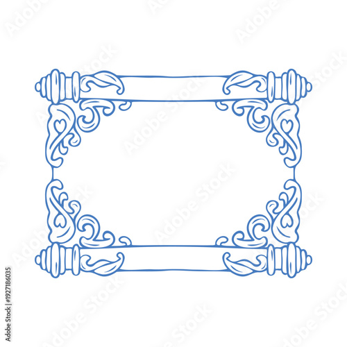 Vintage scroll frame with elegant baroque ornaments and swirls. Classic blue line art vector flat illustration for luxury wedding invitation, branding, antique certificate page decoration