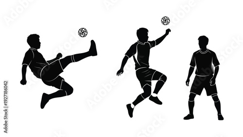 Three soccer players in action depicted as a striking silhouette