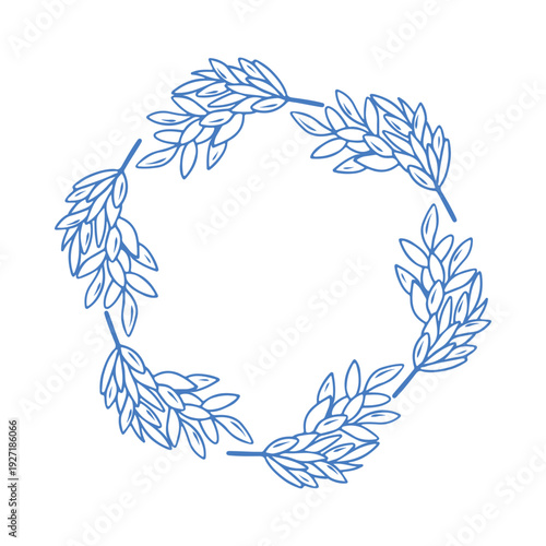 Vintage botanical wreath and round frame with hand drawn laurel leaves and branches. Classic blue line art vector flat illustration for elegant wedding invite, branding, organic product design