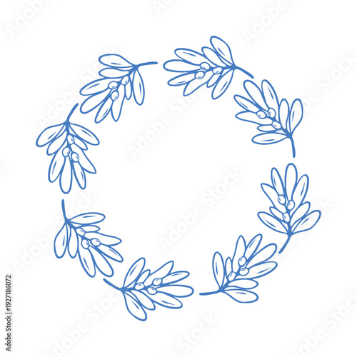 Vintage botanical wreath round frame with olive branches. Classic blue line art vector flat illustration for elegant wedding invitation, organic branding, nature themed design, cosmetics product