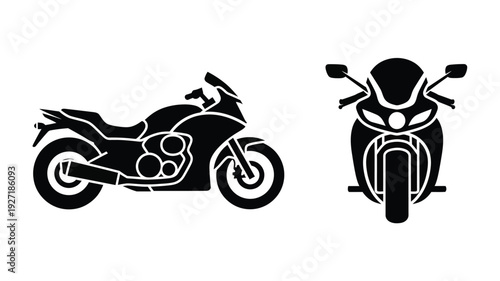 Two black sport bikes displayed in a stark graphic silhouette