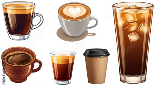 Transparent glass of beer with assorted coffee cups and mugs filled with hot tea and espresso beverage set for cafe menu isolated transparent background, editable vector artwork ai illustration file,