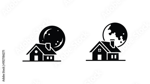 Two houses under a moonlit sky presented as a dark silhouette