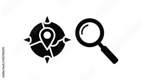 Black icons depicting a compass and magnifying glass silhouette