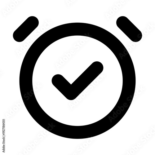 A clock with a check mark symbol represents completion and efficiency. The simple black and white design makes it perfect for a variety of uses