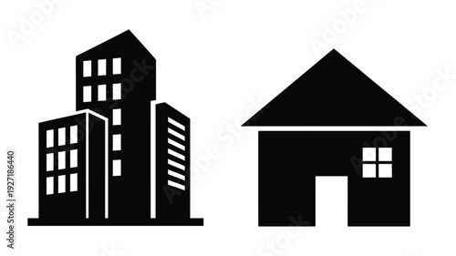 Simple building icons representing urban and suburban areas silhouette