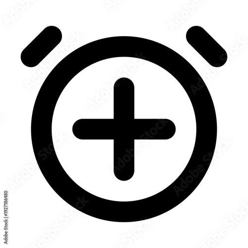 An alarm clock with a plus sign, perfect for time-related concepts. The simple design of a clock, enhanced by the plus symbol, suggests adding, growth, and positivity to time