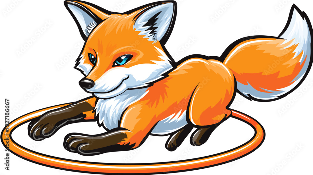 Fototapeta premium A cartoon fox with orange fur, white chest, blue eyes, and black nose, inside a ring