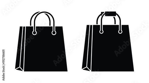 Two black shopping bags displayed against a white background silhouette