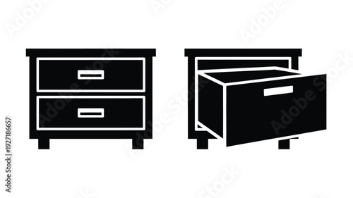 Black nightstand icon with open drawer simple vector silhouette