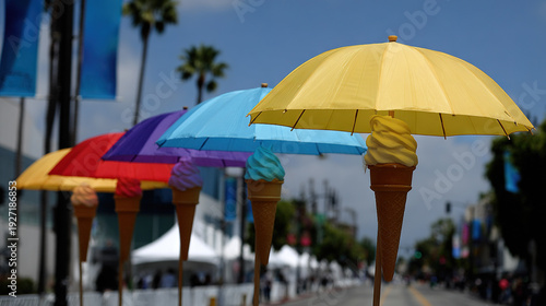 Colorful Ice Cream Cones Under Umbrellas