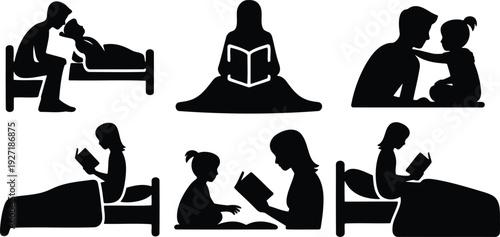 Silhouettes of couples engaging in various bedtime activities together Vector, illustration