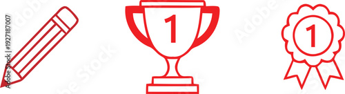 Award and writing icon set with trophy and ribbon