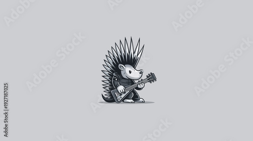 A grayscale cartoon depicts an animal playing an electric guitar against a muted gray background