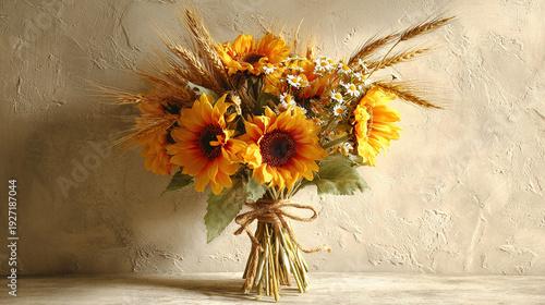 Sunflower Bouquet with Wheat and Wildflowers on Textured Wall