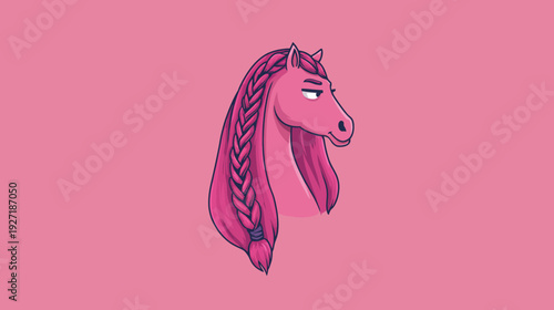 A pink horse illustration with a braided mane. The background is a similar shade of pink