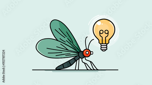 A cartoon image of a dragonfly contemplating a bright lightbulb, symbolizing innovation