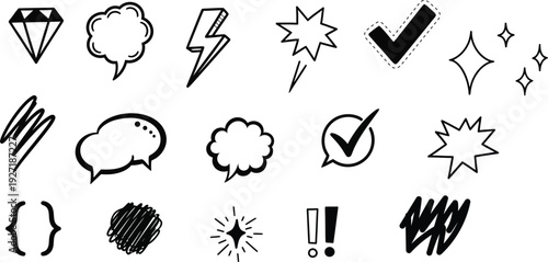 Collection of comic book style graphic design elements and symbols