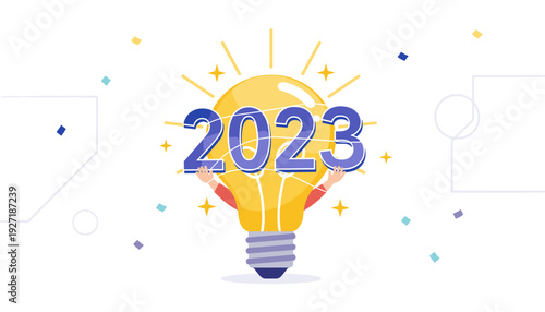 Happy New Year 2023 Creative Concept Illustration Featuring a Large Glowing Light Bulb Symbolizing Innovation and New Ideas, Person Holding the Year 2023 Numbers, Celebration Confetti Background