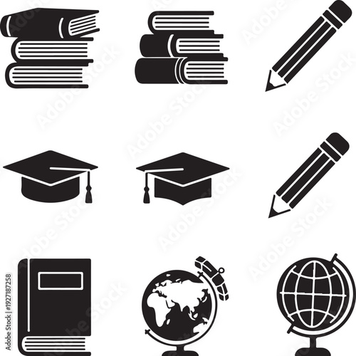 Education themed icon set with school and subject related symbols. Modern vector graphics for academic and learning design projects