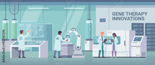 Modern Gene Therapy Laboratory Illustration with Scientists Working on Advanced Biotechnology Research, DNA Visualization, Robotic Arms, and Innovative Genetic Engineering in a High-Tech Lab.