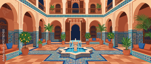Traditional Moroccan riad courtyard vector illustration with a central star-shaped fountain, intricate mosaic zellige tiles, elegant arches, lush palm trees, orange trees, and seating areas.