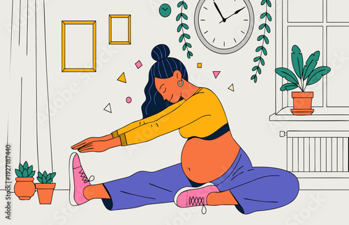 Pregnant woman doing yoga exercises for relaxation in a bright indoor setting