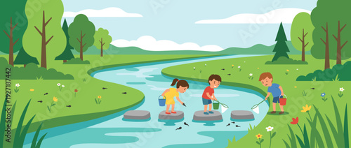 Flat vector illustration of children catching tadpoles in a spring creek with stepping stones. Kids playing in nature, exploring the river in a lush green meadow with trees and spring flowers.